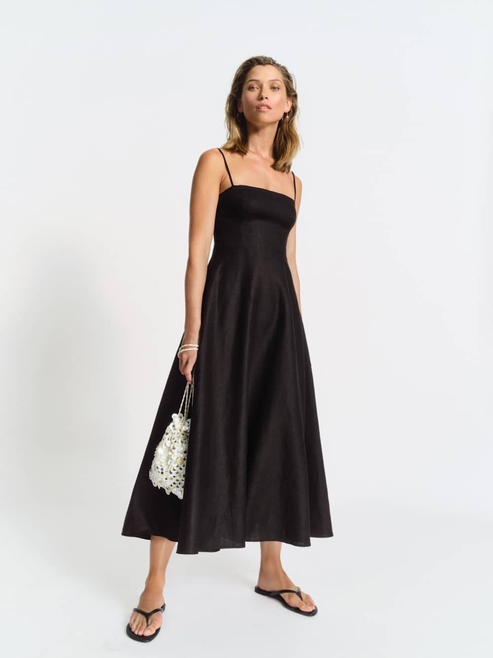 NWT Reformation Monette Linen Dress Black 8 Smocked Midi